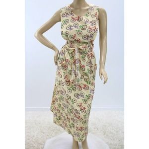 Long Bib Apron Bicycles on Yellow seersucker fabric Wrap style Pinafore M L